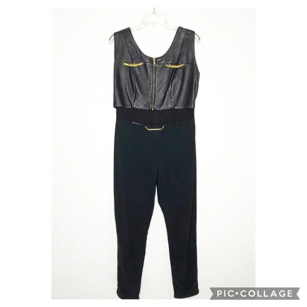 Andrea Isabella vintage black gold leather mesh sleeveless jumpsuit size Large